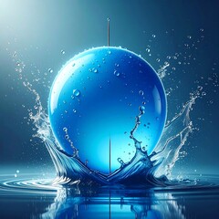 A large blue sphere is pierced with needles, splashing into water on a bright aqua background