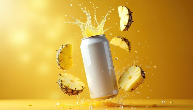 White soda with pineapple splashes, slices suspended mid-air against vibrant yellow background. Fresh tropical beverage concept with condensation droplets. Offers refreshing tropical drink experience