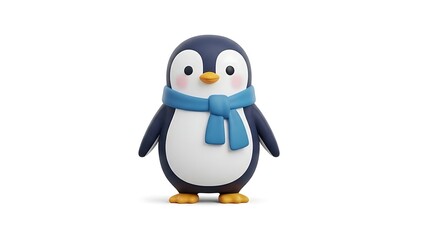 Fototapeta premium A cute cartoon penguin character wearing a blue scarf, standing on a white background.