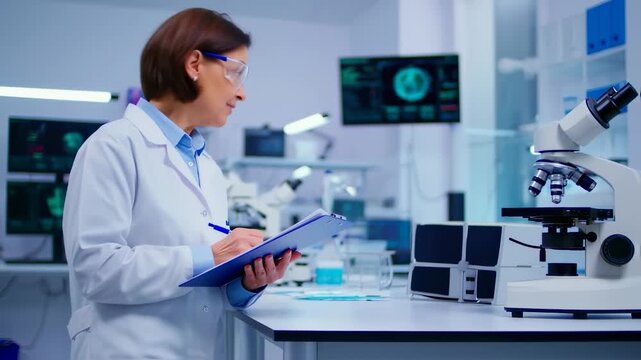 Scientist in lab coat and goggles takes notes near microscopes and monitors