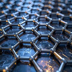 A molecular structure with interconnected silver nodes on a textured, dark hexagonal background, glowing with light