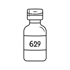 A monochrome line drawing of a small, labeled bottle with a cap