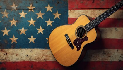 Acoustic guitar rests on distressed American flag background. Classic musical instrument evokes patriotism and cultural heritage. This artwork blends musicality with national pride.
