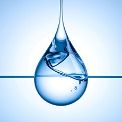 A large, clear water droplet hangs suspended against a light blue gradient background, rippling surface visible