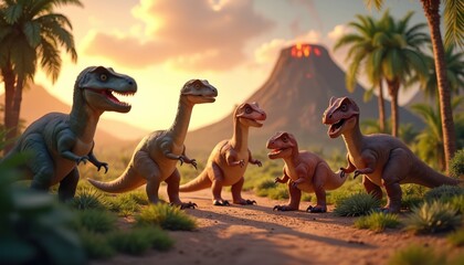Group of cartoon dinosaurs roam a prehistoric jungle with palm trees and erupting volcano under a warm sunset sky. Dinosaurs interact playfully in their ancient environment.