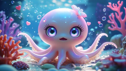 Cute Baby Octopus in Coral Reef: Adorable Underwater Character Illustration with Hearts