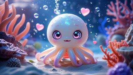Cute Baby Octopus in Coral Reef: Adorable Underwater Character Illustration with Hearts