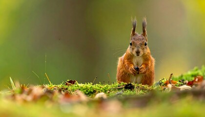 A furry red squirrel perched on mossy ground holds a nut, staring intently in a lush, green, and leafy forest