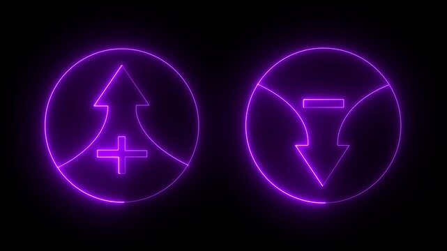 Blue Neon Plus and Minus Arrow Icons, Market Growth and Decline, Finance and Investment Concept