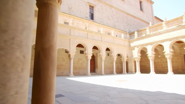 View through a pillar of a stone building with arched colonnades and courtyard in daylight