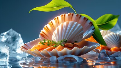 Elegant Seafood Appetizer Platter: Fresh Scallops on Ice with Citrus Garnish and Microgreens