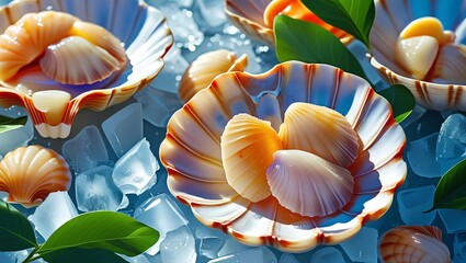 Elegant Seafood Appetizer Platter: Fresh Scallops on Ice with Citrus Garnish and Microgreens
