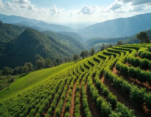 Rolling green hills with tiered plantations under blue sky with clouds. Lush vegetation covers landscape with misty mountains in background. Agriculture, nature combine in this scenic rural setting.