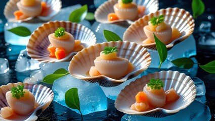 Elegant Seafood Appetizer Platter: Fresh Scallops on Ice with Citrus Garnish and Microgreens