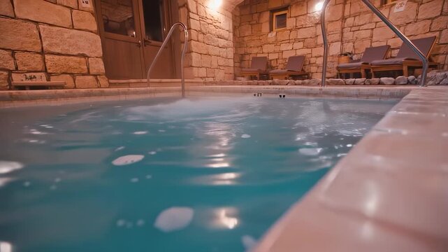 A spa-like setting with a pool and lounge chairs. Stone walls and dim lighting create a relaxing ambiance
