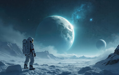 Fototapeta premium Astronaut stands on icy planet surface looks at large moon and distant star. Cold blue landscape with mountains and snow. Space explorer contemplates cosmic journey.