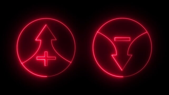 Blue Neon Plus and Minus Arrow Icons, Market Growth and Decline, Finance and Investment Concept on black background.