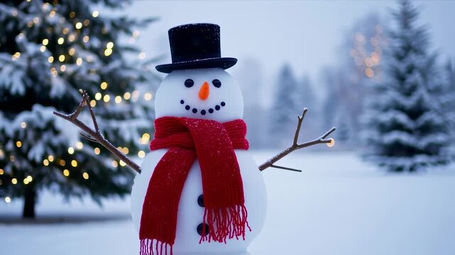 A snowman with a top hat and red scarf stands in a snowy winter scene near lit trees