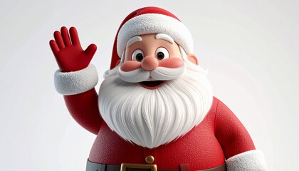 A cheerful cartoon figure of a man in red suit and hat, waving hello