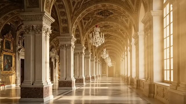 Grand Hallway with Ornate Columns and Chandeliers Bathed in Sunlight.
