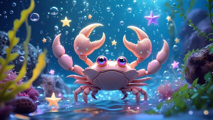 Cute Underwater Crab Illustration: Colorful Ocean Creature in a Magical Sea Scene