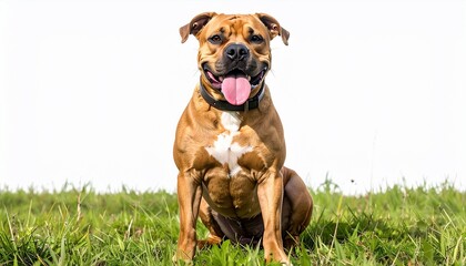 A happy, brown dog with white chest sits proudly on grass, smiling against a white backdrop