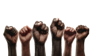 Powerful diverse fists raised in solidarity against black backdrop symbolizing unity, strength, and social justice activism and movements today