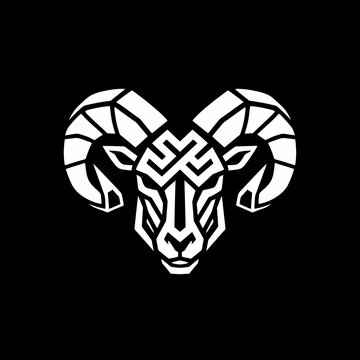 Stylized geometric ram head with intricate patterns on a black background.