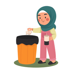 Muslim Girl Throwing Trash in Bin Vector Illustration