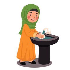 Little Muslim Girl in Hijab Washing Hands Vector Illustration