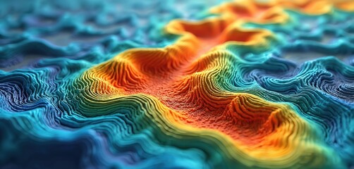 Abstract topographical relief map in vibrant color gradients. Flowing lines show land elevation changes and geographic contours. Useful for data visualization.