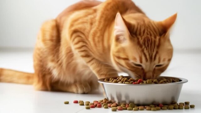Delightful footage portrays an orange tabby cat enjoying its delicious meal of colorful kibble in