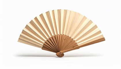 Open wooden folding fan casting a soft shadow on a clean, white background