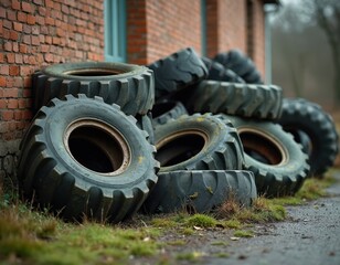 Pile of old worn tractor tires stacked near brick building on grassy ground. Large heavy treads show wear from farm use. Discarded industrial parts.