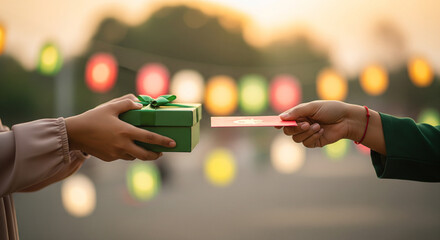 Celebratory exchange A thoughtful green gift box and a meaningful red card
