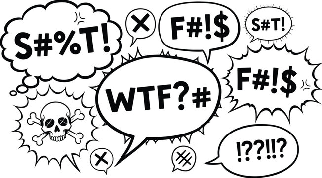 Comical speech bubbles with swear words and skull