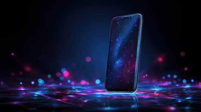Smartphone on technology background. Neon glowing mobile phone on abstract dark background. Futuristic network connection