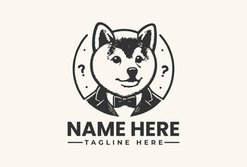 Fototapeta premium A black and white illustration of a dog's head in a suit with a bow tie, surrounded by a circle with question marks on a beige background, featuring placeholder text for a name and tagline.