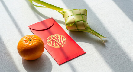 Orange, Red Envelope, and Ketupat on White Background