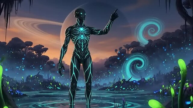 Mysterious Alien Being in Bioluminescent Swamp Under Alien Sky.