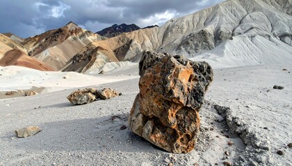 A rock formation in a desert landscape with colorful striped hills under a cloudy, dramatic sky