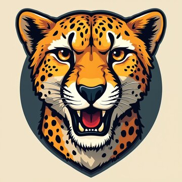 Cheetah face graphic illustration. Fierce big cat with spotted fur roaring, showing teeth. Aggressive wild animal head, powerful predator emblem.