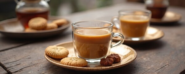 Two cups of Indian chai tea served with biscuits on a wooden table. Tea is a hot brown beverage with milk. Biscuits are sweet, round, and baked. A small jug of tea is visible in background.