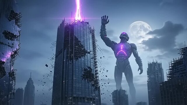 Giant Robot Hero Saves City From Alien Invasion Under Full Moon.