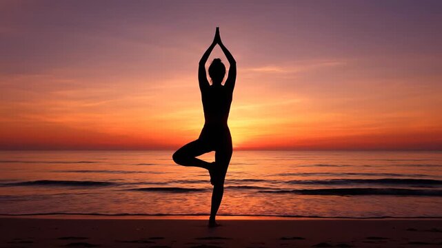 Serene Yoga Silhouette on Beach at Sunset for Mindful Meditation Practice.
