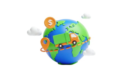 3D Global delivery truck on planet earth with money and map pin on transparent background