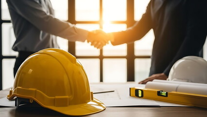 Construction Professionals Shaking Hands Over Project Plans