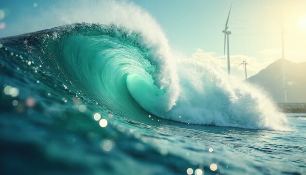 Powerful ocean wave crashes near coast with wind turbines on shore. Blue water splash, sunlight, and abstract green energy concept. Represents nature and renewable power. - Powered by Adobe