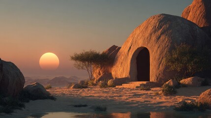 Desert Sunset Scene with Cave Entrance and Tranquil Water Reflection