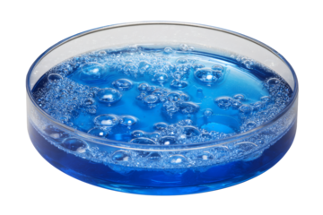 Vibrant blue liquid with mesmerizing bubbles in a petri dish for cutting-edge biotech research and innovative scientific advancements
